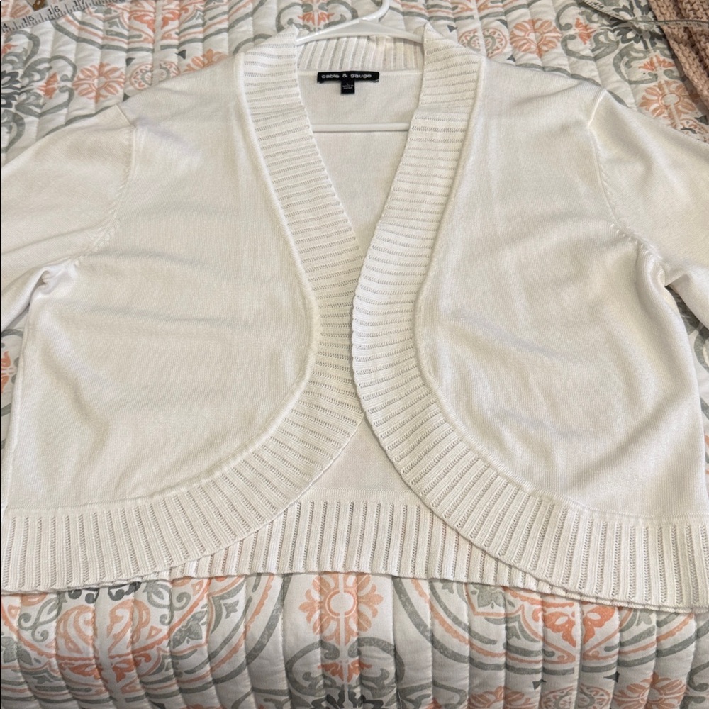 Cable & Guage white 3/4 sleeve open-front cropped cardigan shrug sweater Large - Picture 6 of 8